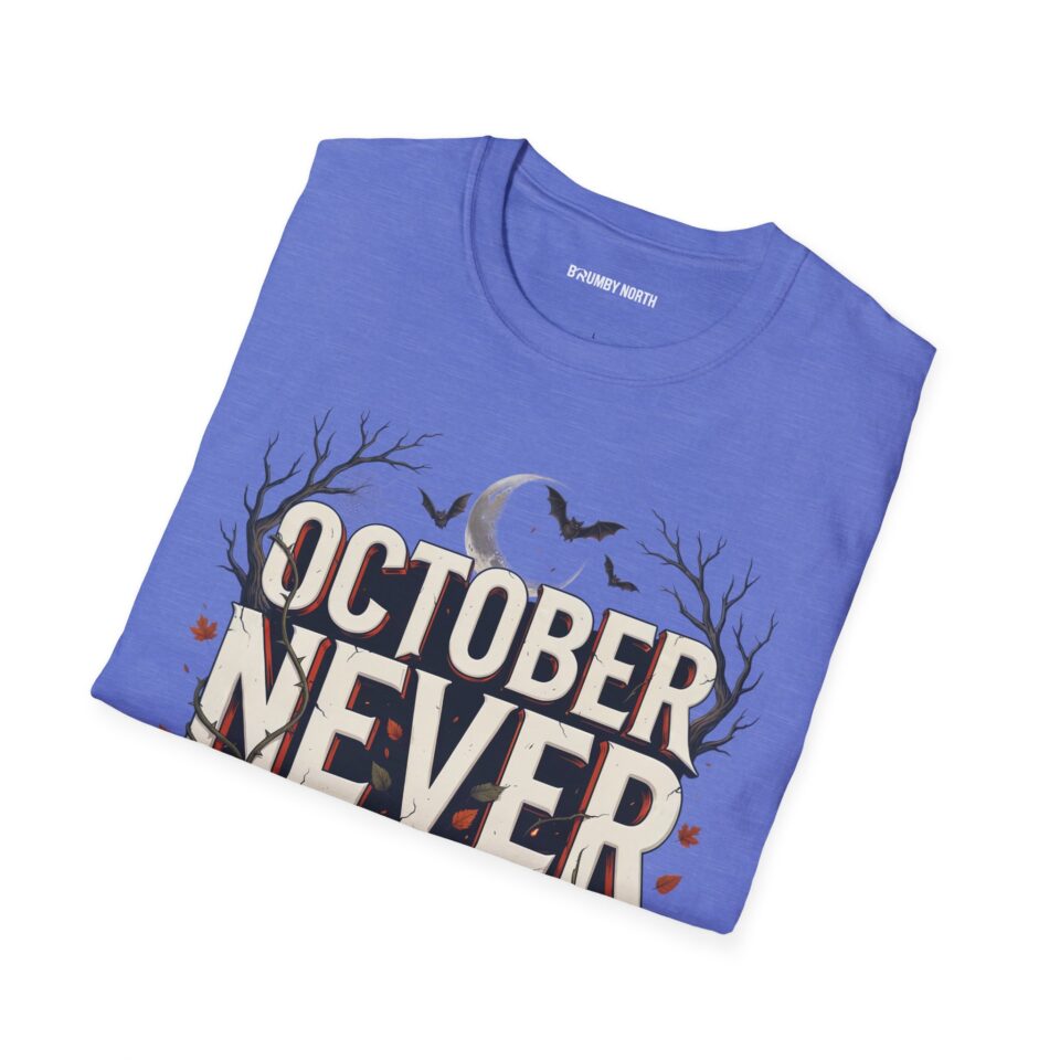 October Never Sleeps Halloween graphic t-shirt featuring a vintage spooky typography design with moon, bats, and autumn tree silhouettes in a professional studio.