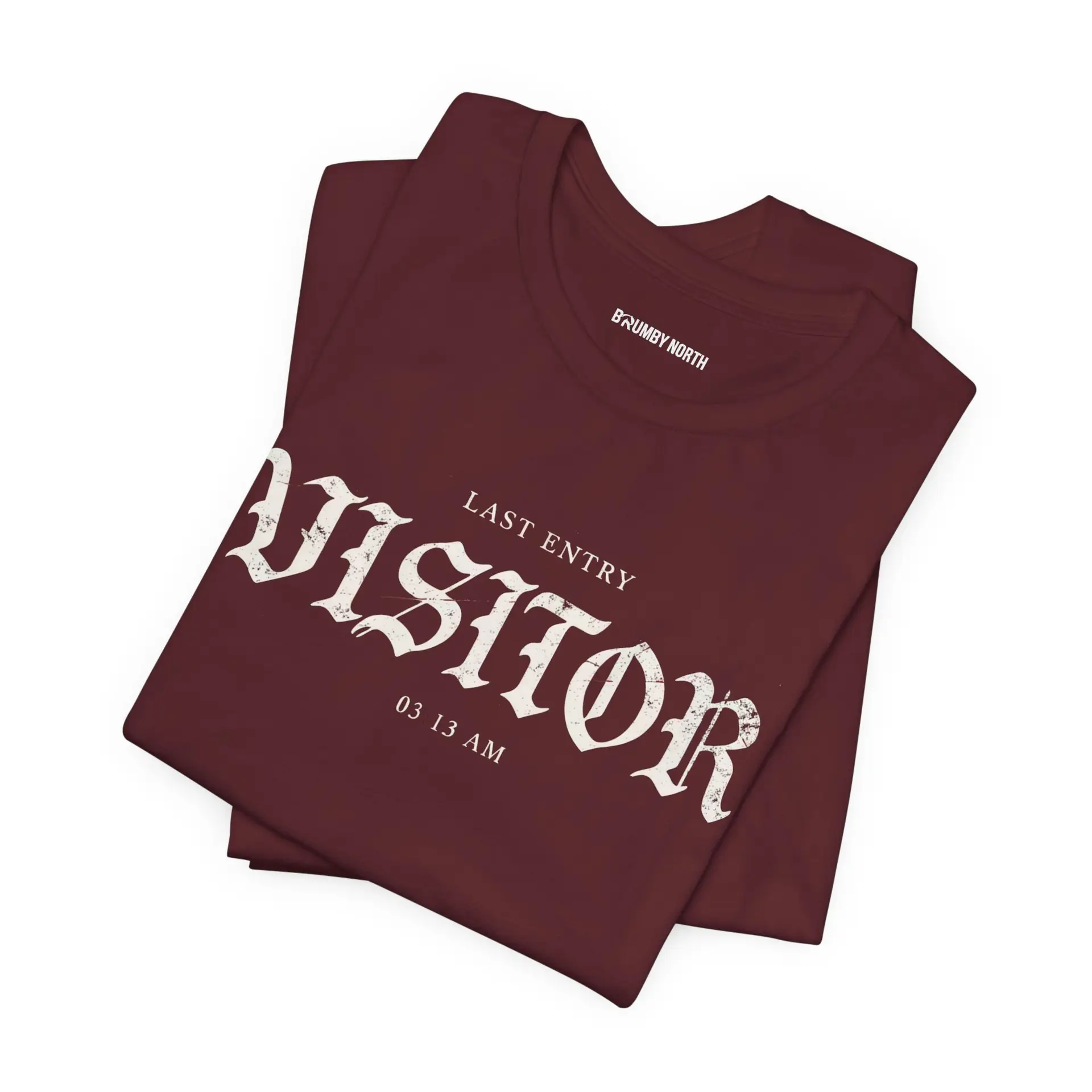 Image Alt Text (Front) Black Bella+Canvas 3001 unisex t-shirt featuring a vintage gothic "Visitor" front graphic with minimalist horror typography, modeled in a studio setting. Image Alt Text (Back) Back view of a black Bella+Canvas 3001 unisex t-shirt featuring "The Last Visitor" gothic horror back graphic with vintage typography and subtle distressed details, modeled in a studio setting.