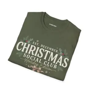 Minimalist Christmas Social Club graphic printed on a unisex Gildan 64000 t-shirt featuring vintage typography, festive holiday foliage, and the "Holiday Edition" tagline.