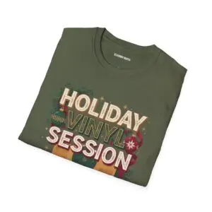 Holiday Vinyl Session retro Christmas record graphic T-shirt on female model Black Holiday Vinyl Session Christmas vinyl graphic tee front view Vintage Christmas music lover unisex T-shirt Retro vinyl record holiday graphic shirt
