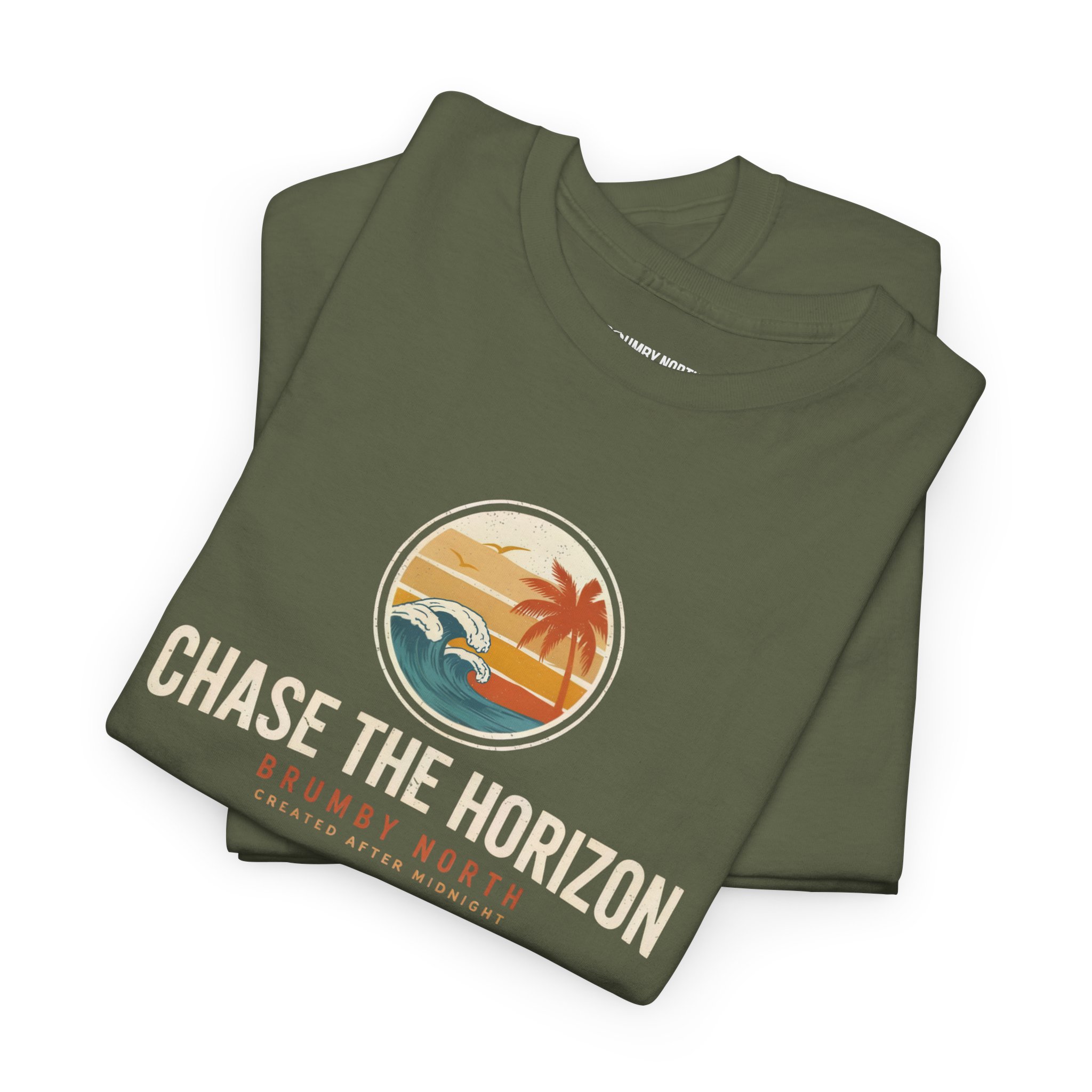 Front Image Woman wearing an olive green Chase The Horizon vintage surf graphic unisex heavy cotton t-shirt featuring a retro sunset chest print in a professional studio. Back Image Back view of woman wearing an olive green Chase The Horizon vintage surf graphic t-shirt with a large retro ocean wave and sunset illustration in a studio setting
