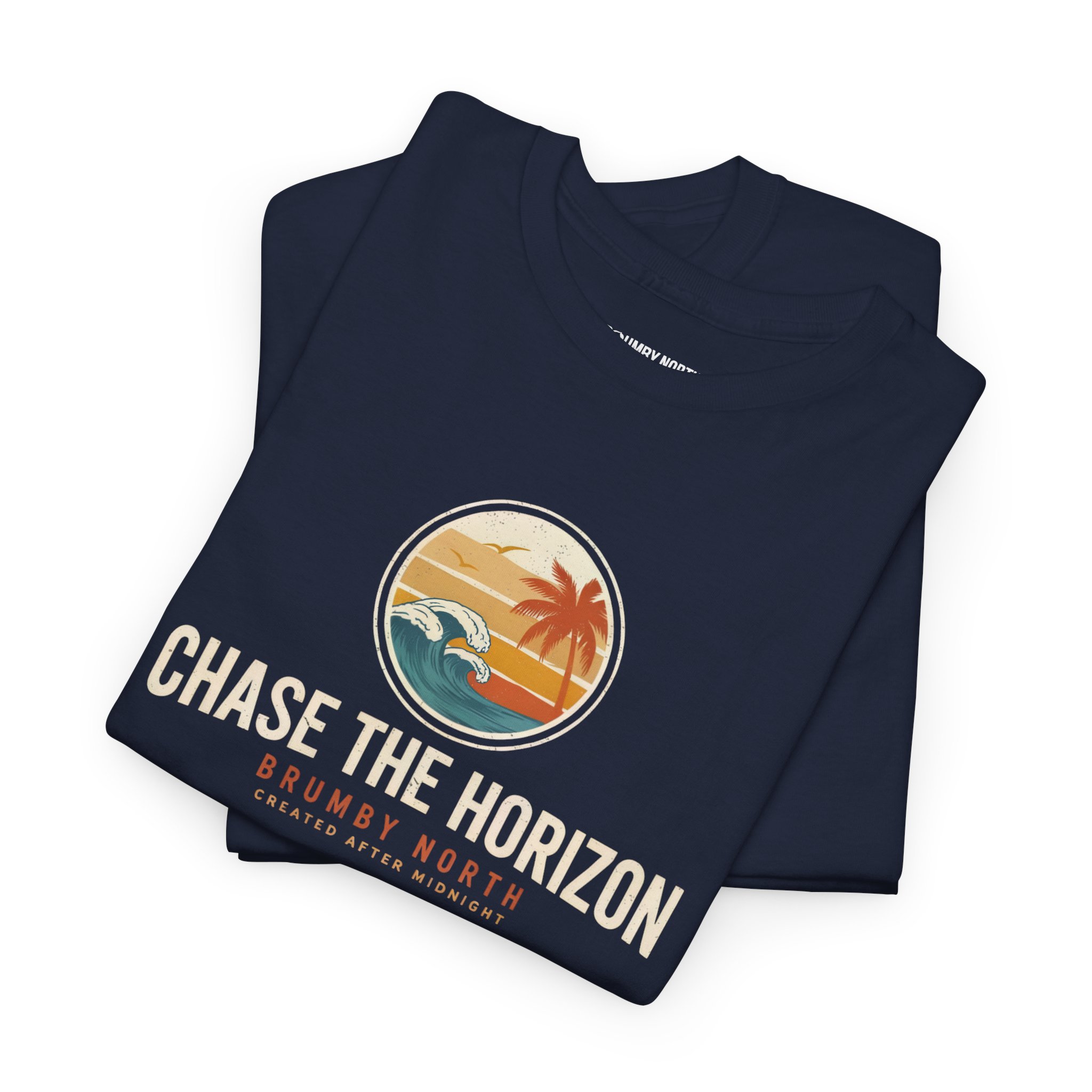 Front Image Woman wearing an olive green Chase The Horizon vintage surf graphic unisex heavy cotton t-shirt featuring a retro sunset chest print in a professional studio. Back Image Back view of woman wearing an olive green Chase The Horizon vintage surf graphic t-shirt with a large retro ocean wave and sunset illustration in a studio setting