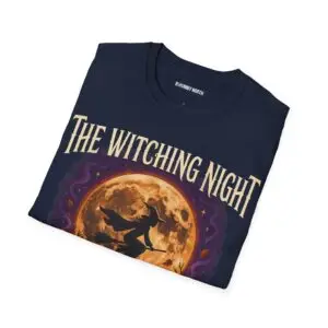 Front view of a black Gildan Softstyle 64000 unisex t-shirt featuring "The Witching Night" vintage Halloween graphic with a full moon, flying witch, and gothic typography, modeled in a studio setting.