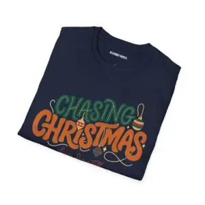 Unisex Gildan 64000 Christmas t-shirt featuring the "Chasing Christmas" vintage typography design with the "Since Snow Fell" tagline in a minimalist holiday streetwear style.
