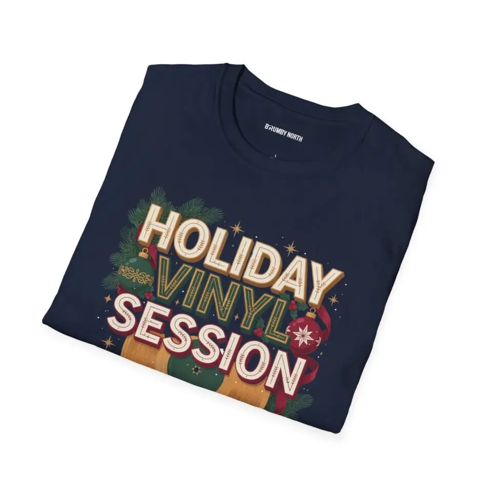Holiday Vinyl Session retro Christmas record graphic T-shirt on female model Black Holiday Vinyl Session Christmas vinyl graphic tee front view Vintage Christmas music lover unisex T-shirt Retro vinyl record holiday graphic shirt