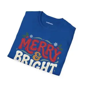 Unisex Gildan 64000 Christmas t-shirt featuring the "Merry & Bright" festive typography design with elegant Christmas leaves in a clean, minimalist holiday style.