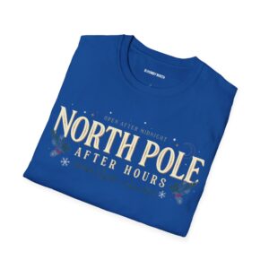 Unisex Gildan 64000 Christmas t-shirt featuring the "North Pole After Hours" vintage typography design with festive holly leaves and the "Winter Nights Since 1823" tagline on the front.