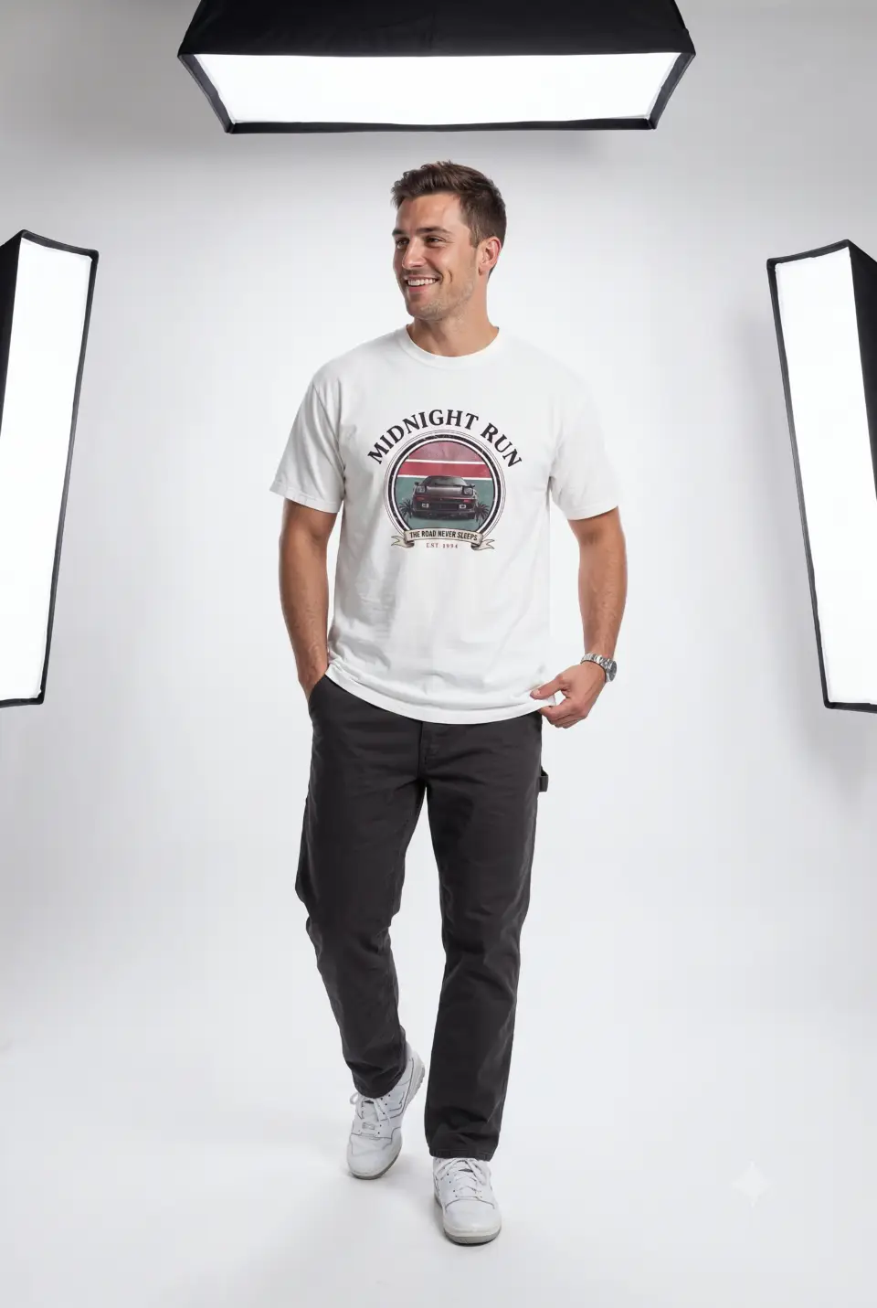 Person wearing a Midnight Run graphic t-shirt featuring a retro-inspired neon cityscape, classic late-night driving artwork, vibrant 90s color palette, and bold vintage typography, photographed in a professional studio.