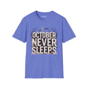 Woman wearing a purple October Never Sleeps Halloween graphic t-shirt featuring a vintage spooky typography design with moon, bats, and autumn tree silhouettes in a professional studio.