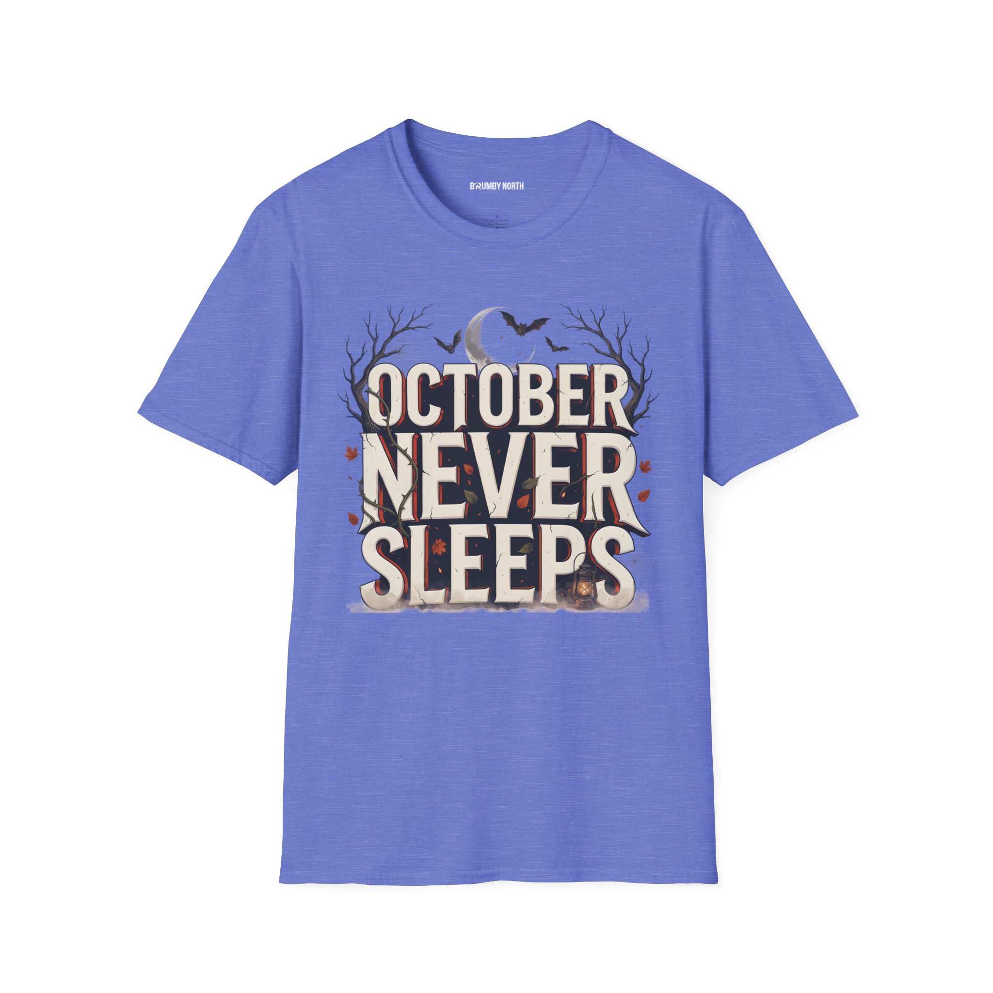 Woman wearing a purple October Never Sleeps Halloween graphic t-shirt featuring a vintage spooky typography design with moon, bats, and autumn tree silhouettes in a professional studio.
