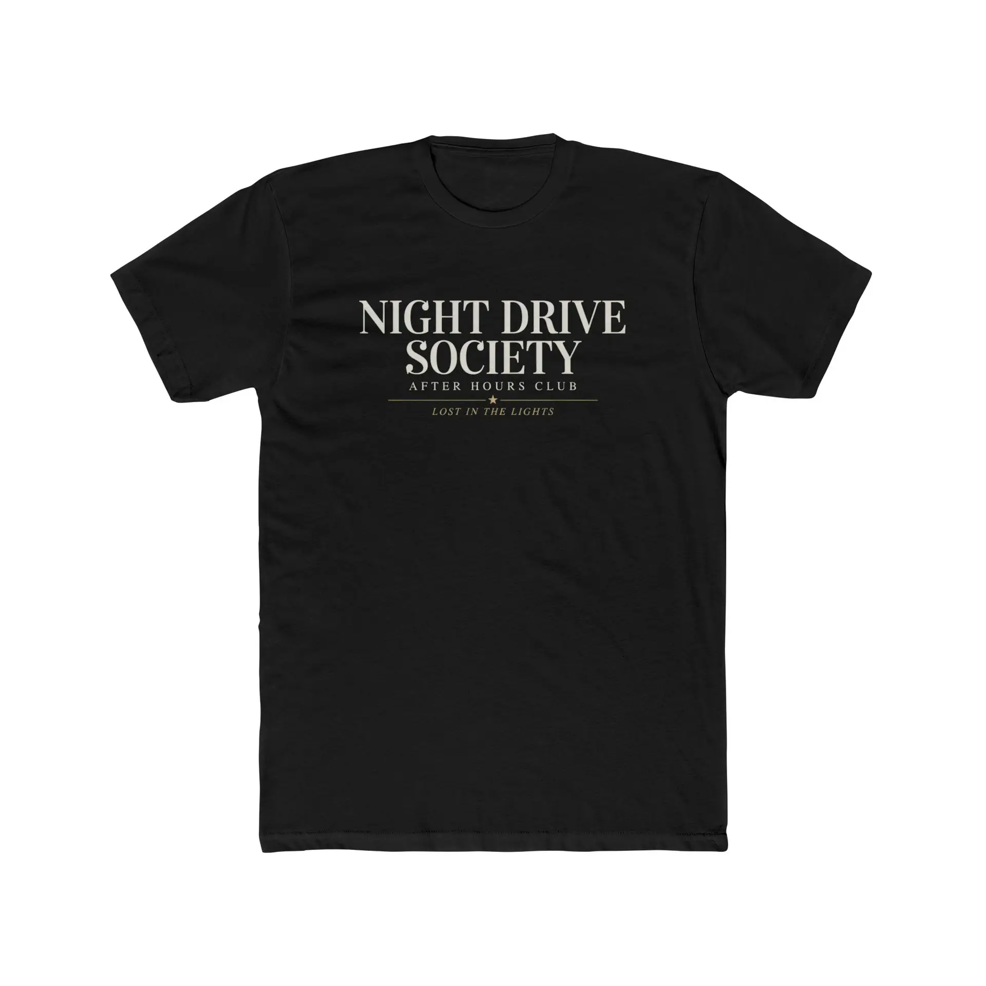 Person wearing a Night Drive Society graphic t-shirt featuring a retro-futuristic neon city skyline, rain-soaked streets, towering palm trees, and a classic car driving into the night with bold typography reading "No Destination Required" and "Lost In The Lights • Built For The After Hours," photographed in a professional studio.