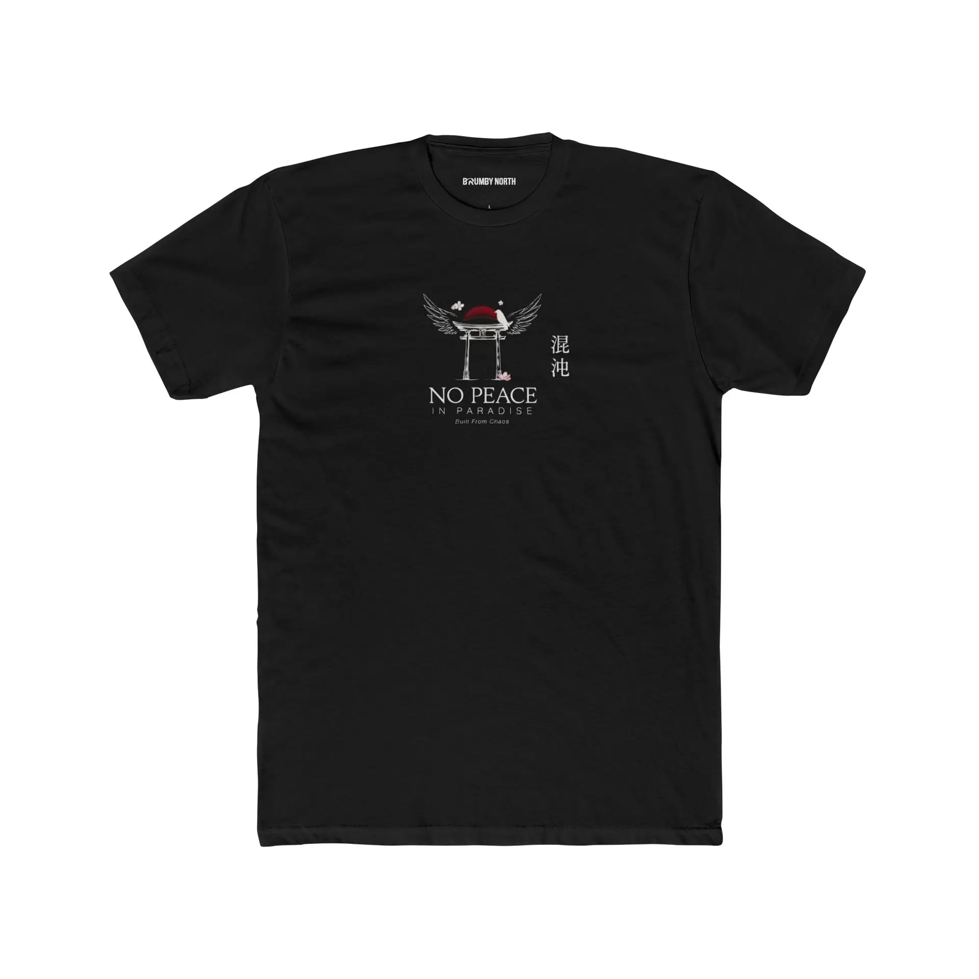 Person wearing a black No Peace In Paradise graphic t-shirt featuring a hooded figure with angel wings beneath a traditional Japanese torii gate, set against a crimson moon with ravens, floral elements, and gothic typography reading "Built From Chaos" and "Everything Beautiful Comes From Damage," photographed in a professional studio.