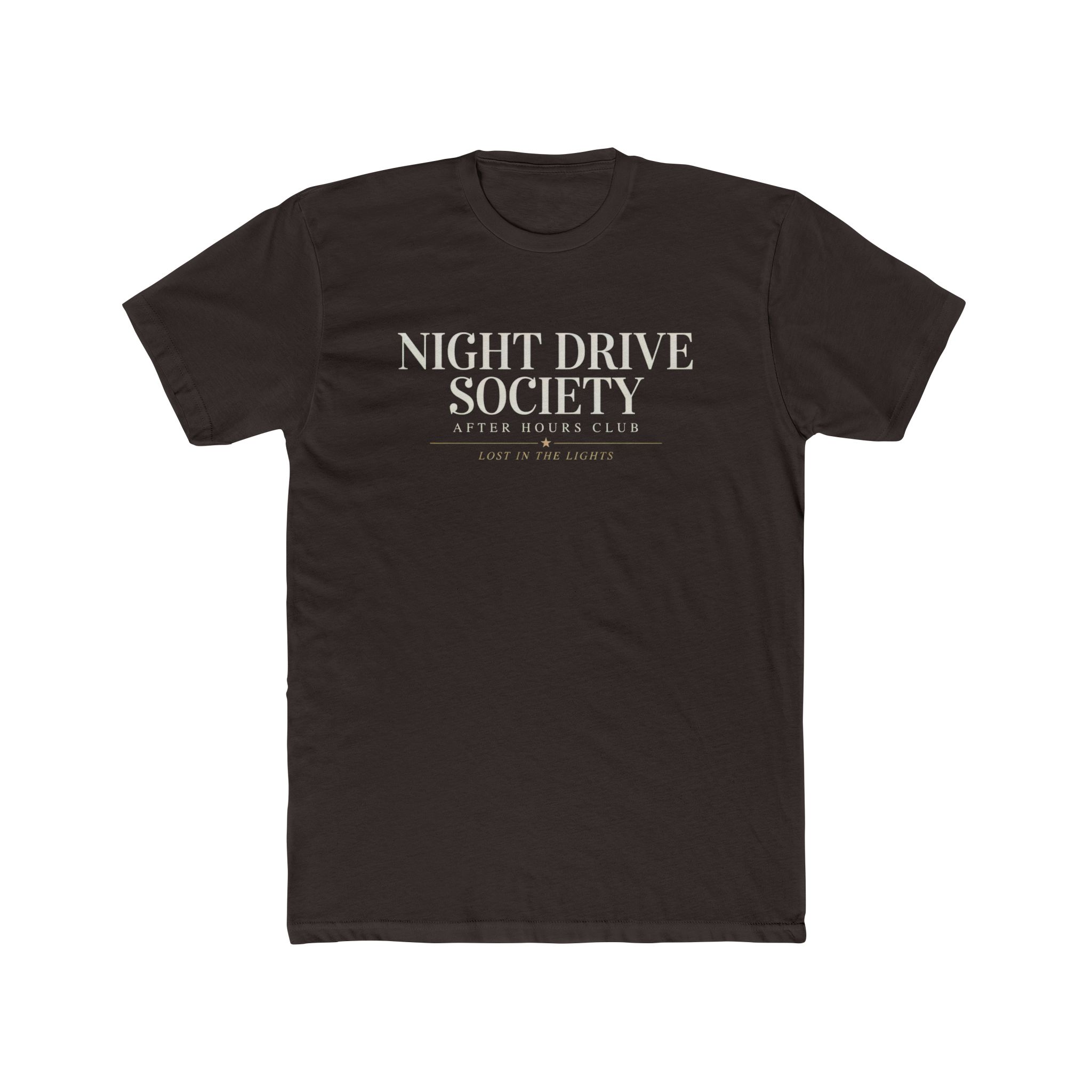 Person wearing a Night Drive Society graphic t-shirt featuring a retro-futuristic neon city skyline, rain-soaked streets, towering palm trees, and a classic car driving into the night with bold typography reading "No Destination Required" and "Lost In The Lights • Built For The After Hours," photographed in a professional studio.