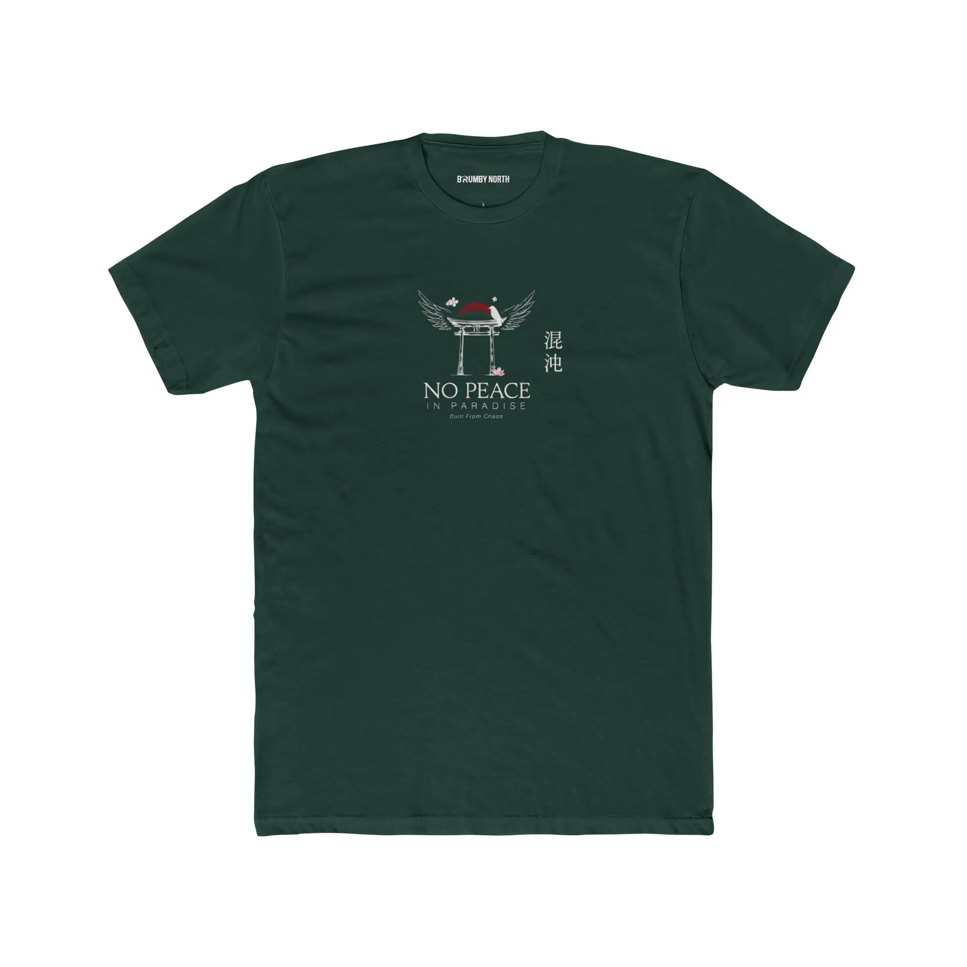 Person wearing a black No Peace In Paradise graphic t-shirt featuring a hooded figure with angel wings beneath a traditional Japanese torii gate, set against a crimson moon with ravens, floral elements, and gothic typography reading "Built From Chaos" and "Everything Beautiful Comes From Damage," photographed in a professional studio.