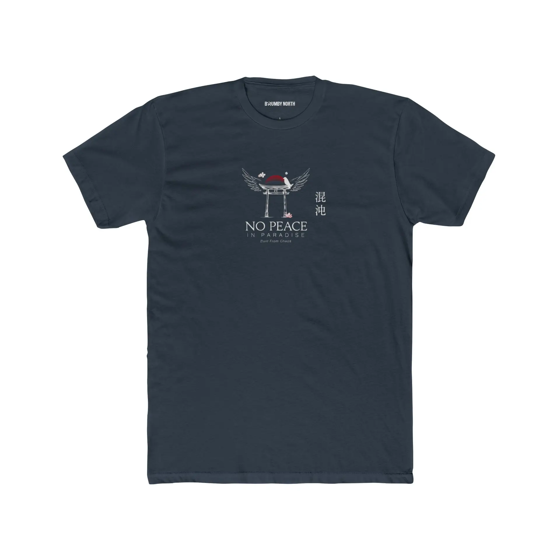 Person wearing a black No Peace In Paradise graphic t-shirt featuring a hooded figure with angel wings beneath a traditional Japanese torii gate, set against a crimson moon with ravens, floral elements, and gothic typography reading "Built From Chaos" and "Everything Beautiful Comes From Damage," photographed in a professional studio.
