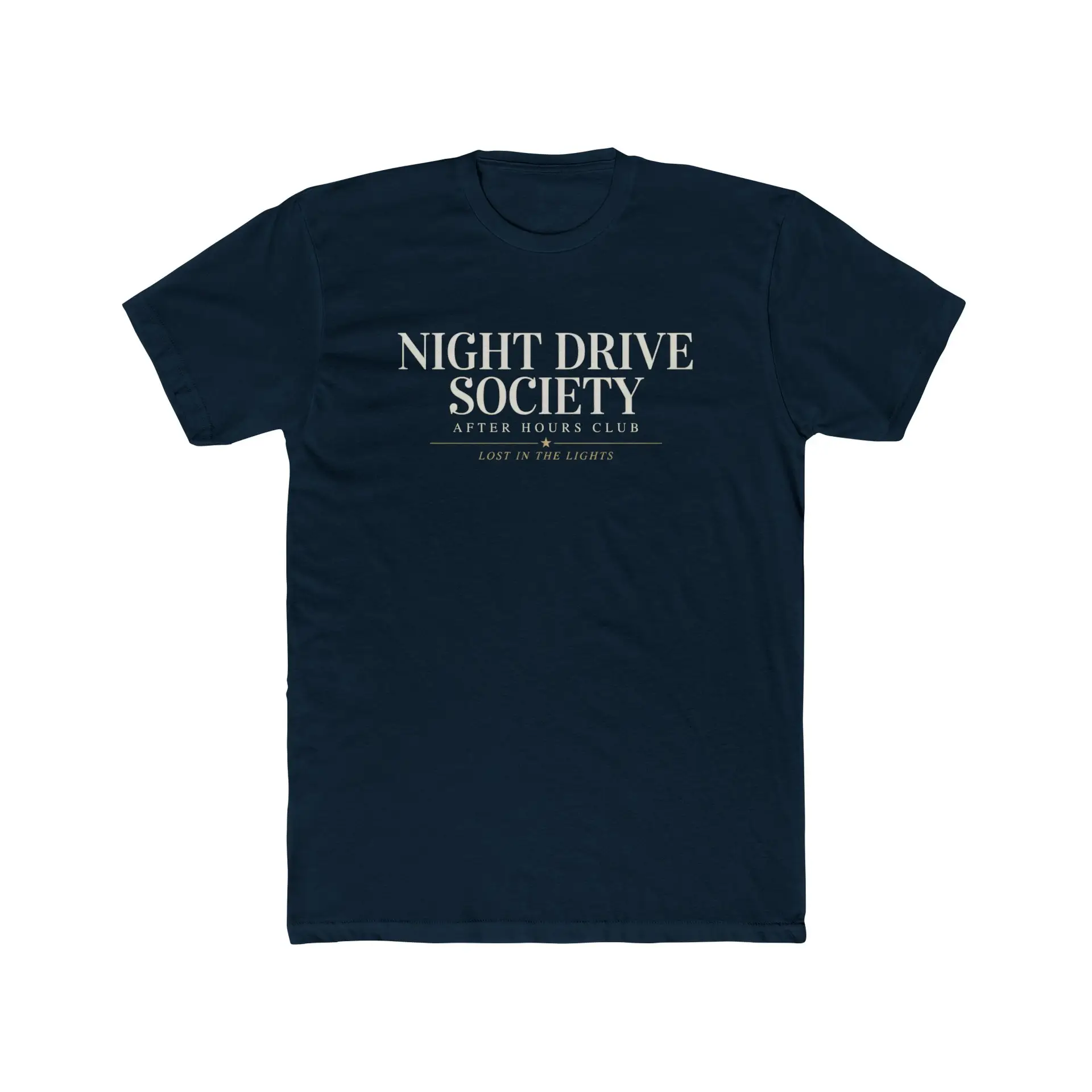 Person wearing a Night Drive Society graphic t-shirt featuring a retro-futuristic neon city skyline, rain-soaked streets, towering palm trees, and a classic car driving into the night with bold typography reading "No Destination Required" and "Lost In The Lights • Built For The After Hours," photographed in a professional studio.