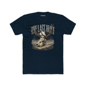 Woman wearing a black The Last Hunt premium cotton t-shirt featuring a rustic deer skull graphic with vintage outdoor-inspired artwork in a professional studio.