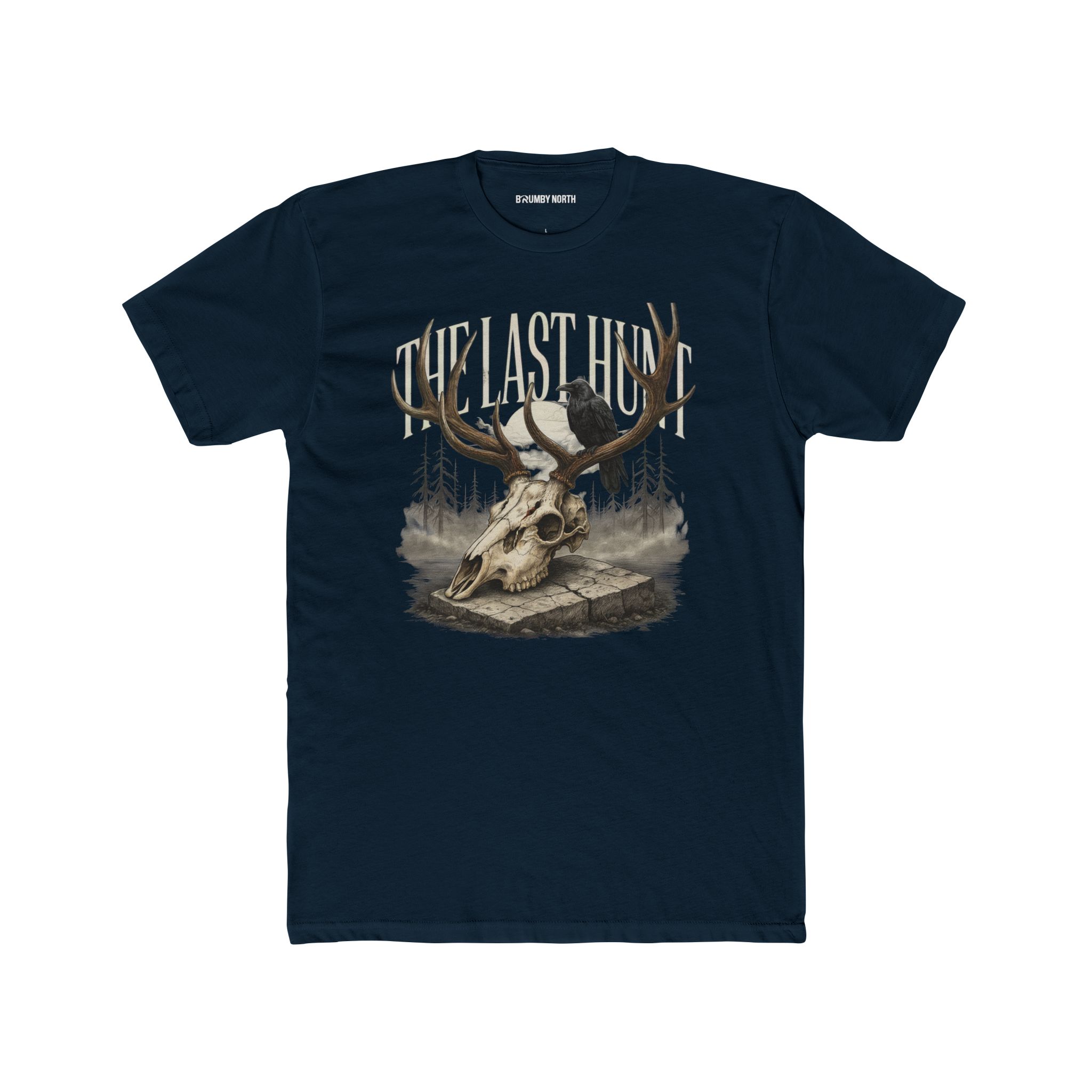 Woman wearing a black The Last Hunt premium cotton t-shirt featuring a rustic deer skull graphic with vintage outdoor-inspired artwork in a professional studio.