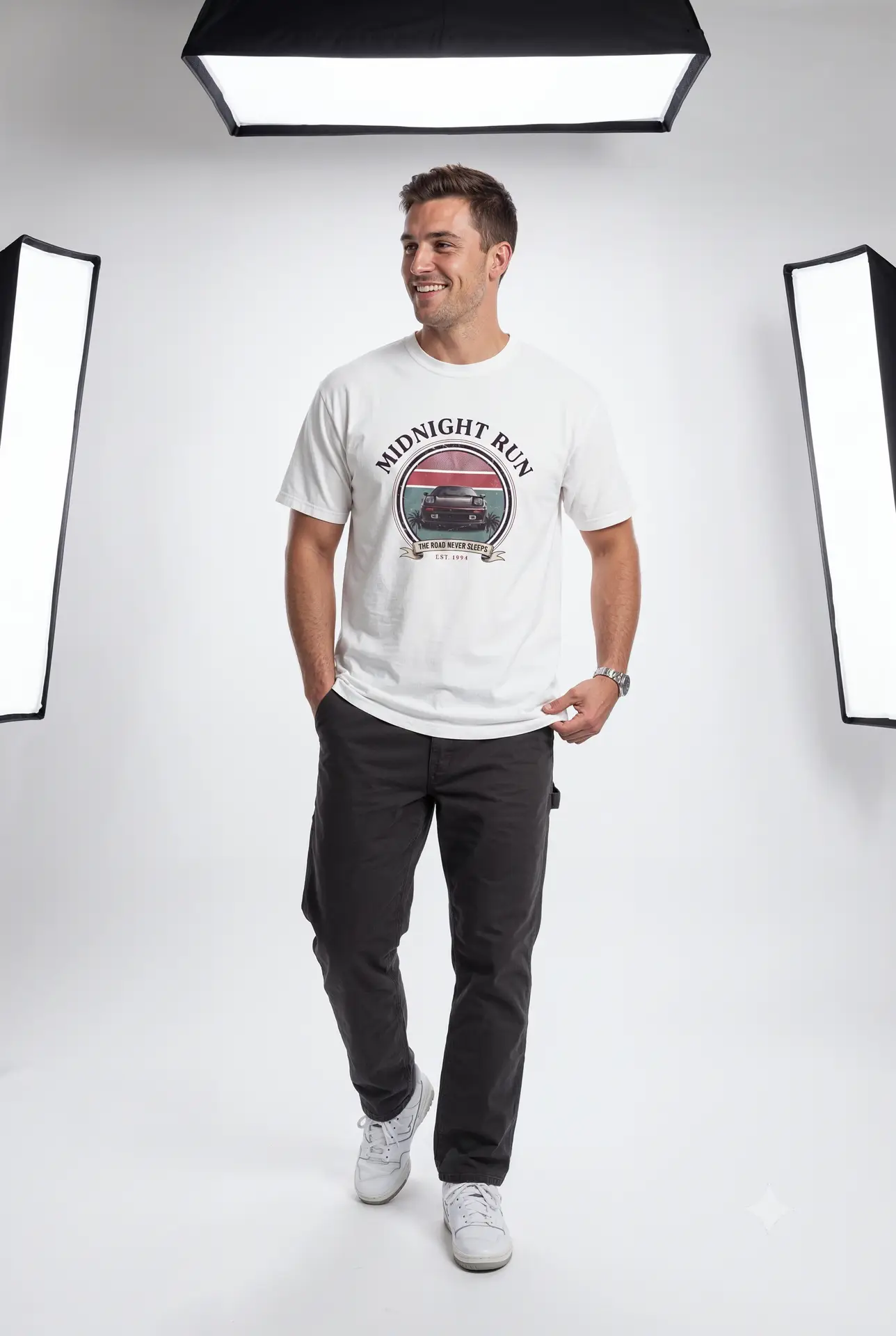Person wearing a Midnight Run graphic t-shirt featuring a retro-inspired neon cityscape, classic late-night driving artwork, vibrant 90s color palette, and bold vintage typography, photographed in a professional studio.