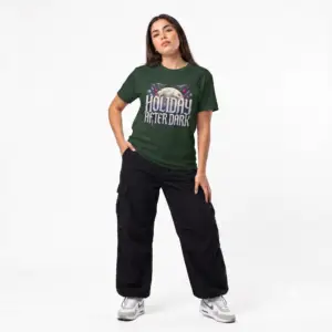 Holiday After Dark retro Christmas graphic T-shirt on female model Forest green Holiday After Dark vintage Christmas graphic tee Holiday After Dark moonlight Christmas unisex T-shirt Retro winter holiday graphic shirt front view