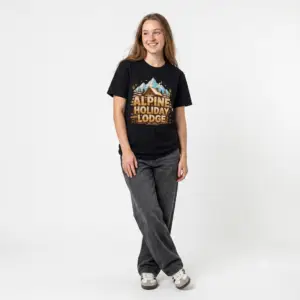 Alpine Holiday Lodge vintage mountain cabin graphic T-shirt on female model Black Alpine Holiday Lodge Christmas graphic tee front view Cozy mountain lodge holiday unisex T-shirt Winter cabin Christmas graphic shirt with alpine scenery