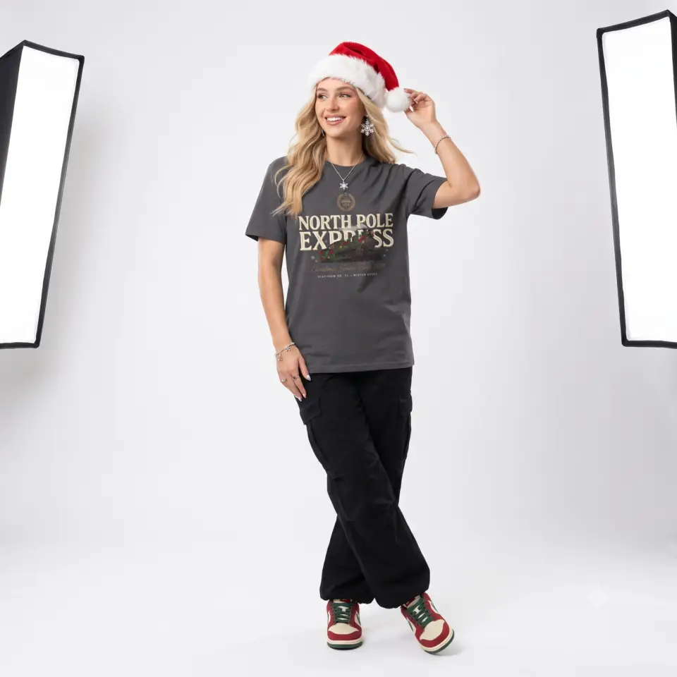 Unisex Gildan 64000 Christmas t-shirt featuring the "North Pole Express" vintage typography with a festive steam train, Christmas foliage, and the "Christmas Service Since 1887" tagline on the front.