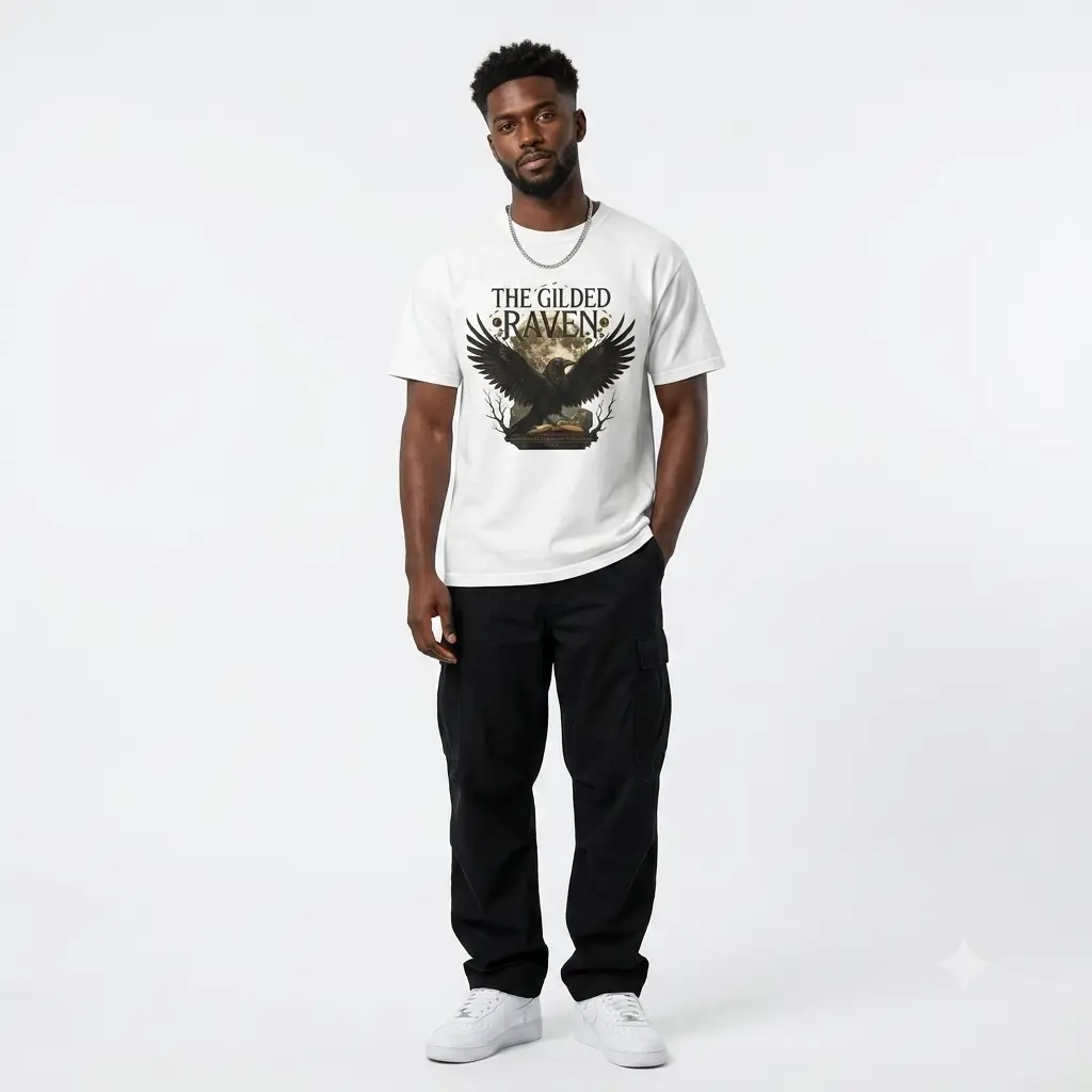 Person wearing a The Gilded Raven graphic t-shirt featuring a minimalist raven positioned before a glowing full moon with bold vintage-inspired typography reading "The Gilded Raven," photographed in a professional studio.