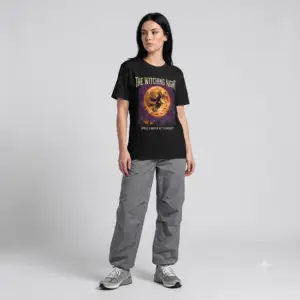 Front view of a black Gildan Softstyle 64000 unisex t-shirt featuring "The Witching Night" vintage Halloween graphic with a full moon, flying witch, and gothic typography, modeled in a studio setting.