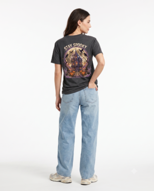 Back view of a black Stay Spooky unisex heavy cotton t-shirt featuring a large vintage Halloween graphic and bold retro typography.