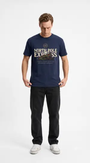 Unisex Gildan 64000 Christmas t-shirt featuring the "North Pole Express" vintage typography with a festive steam train, Christmas foliage, and the "Christmas Service Since 1887" tagline on the front.