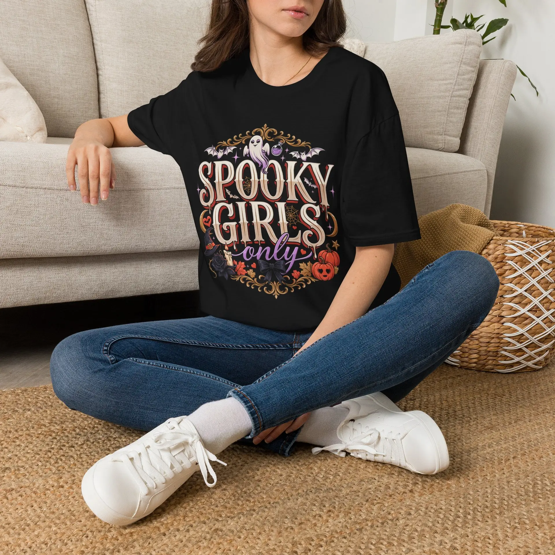 Woman wearing the Brumbynorth Spooky Girls Only Halloween graphic t-shirt with elegant vintage typography and seasonal artwork.