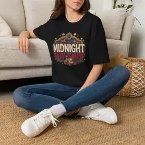 Woman wearing a black Midnight Toy Shop vintage Christmas graphic unisex t-shirt featuring retro holiday typography and festive toy store artwork while wearing a Santa hat in a white studio setting.