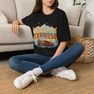 Image Alt Text Front Images Christmas Express vintage holiday train graphic T-shirt on female model Charcoal Christmas Express retro locomotive graphic tee front view Vintage Christmas train unisex T-shirt Holiday steam train Christmas graphic shirt Lifestyle Images Woman wearing Christmas Express holiday T-shirt in studio Casual festive outfit featuring Christmas Express graphic tee Close-up Images Christmas Express vintage train graphic close-up on charcoal T-shirt Premium DTG printed Christmas locomotive design details
