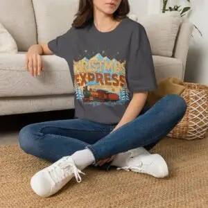 Image Alt Text Front Images Christmas Express vintage holiday train graphic T-shirt on female model Charcoal Christmas Express retro locomotive graphic tee front view Vintage Christmas train unisex T-shirt Holiday steam train Christmas graphic shirt Lifestyle Images Woman wearing Christmas Express holiday T-shirt in studio Casual festive outfit featuring Christmas Express graphic tee Close-up Images Christmas Express vintage train graphic close-up on charcoal T-shirt Premium DTG printed Christmas locomotive design details