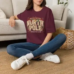 Image Alt Text Front Images North Pole Winter Edition athletic club graphic T-shirt on female model Forest green North Pole Winter Edition Christmas graphic tee front view Vintage holiday athletic club unisex T-shirt North Pole varsity Christmas graphic shirt Lifestyle Images Woman wearing North Pole Winter Edition holiday T-shirt in studio Casual festive outfit featuring North Pole Winter Edition graphic tee Close-up Images North Pole Winter Edition varsity Christmas graphic close-up Premium DTG printed holiday athletic club design on forest green T-shirt