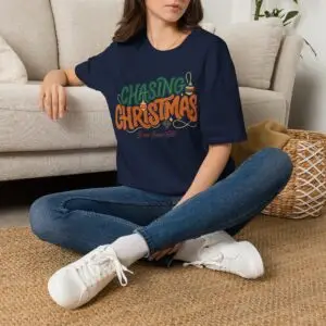 Unisex Gildan 64000 Christmas t-shirt featuring the "Chasing Christmas" vintage typography design with the "Since Snow Fell" tagline in a minimalist holiday streetwear style.