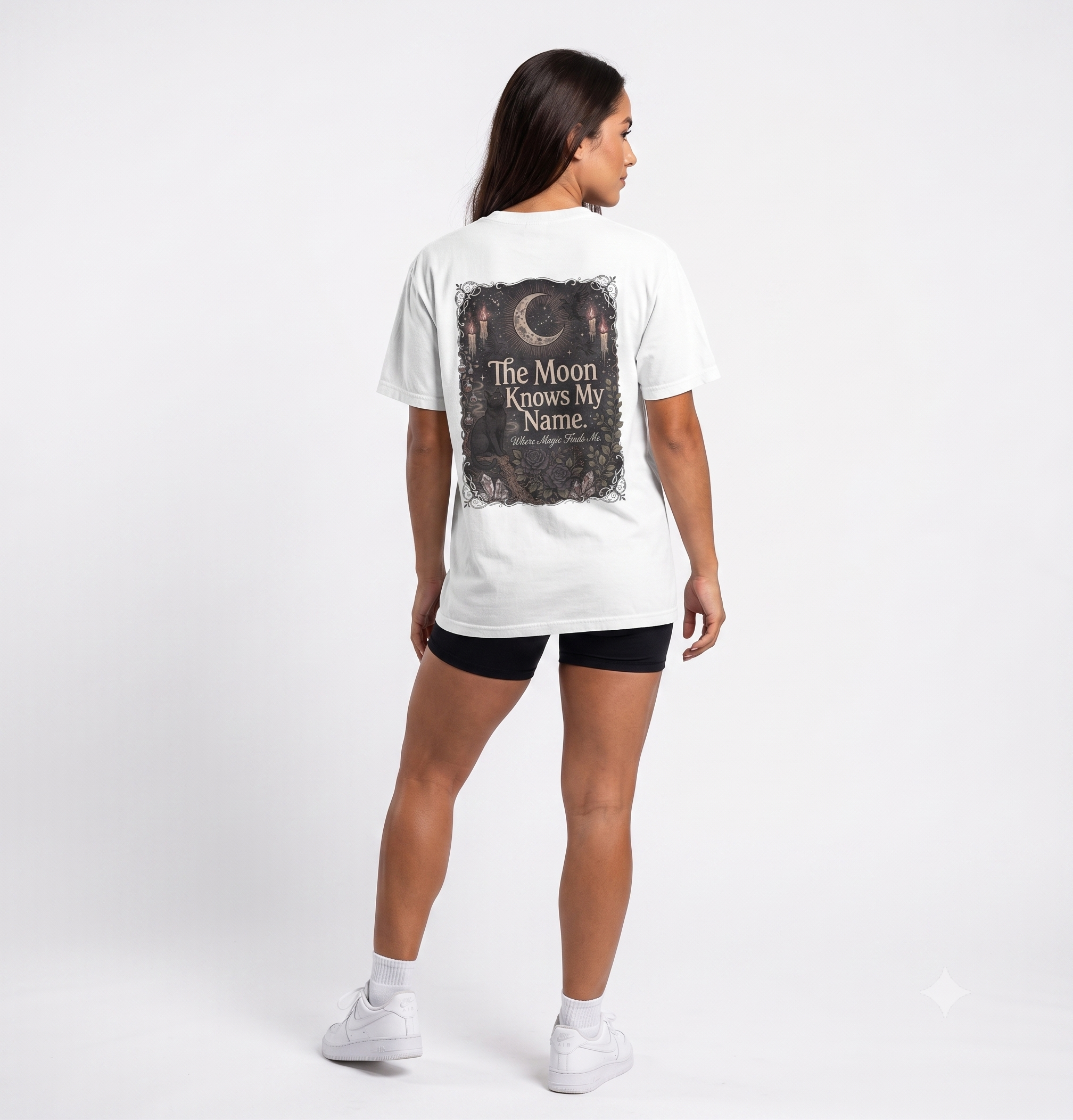 Front view of premium garment-dyed witchy graphic t-shirt with minimalist celestial front design. Vintage moon aesthetic unisex t-shirt made from heavyweight garment-dyed cotton. Premium Halloween graphic tee featuring subtle celestial front artwork on relaxed fit cotton shirt. Witchy aesthetic garment-dyed t-shirt with minimalist moon-inspired front design.