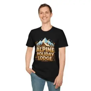 Alpine Holiday Lodge vintage mountain cabin graphic T-shirt on female model Black Alpine Holiday Lodge Christmas graphic tee front view Cozy mountain lodge holiday unisex T-shirt Winter cabin Christmas graphic shirt with alpine scenery