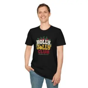 Holly Jolly Club retro Christmas graphic T-shirt on female model Black Holly Jolly Club holiday graphic tee front view Vintage Christmas typography unisex T-shirt Retro festive Christmas shirt with holly leaf design