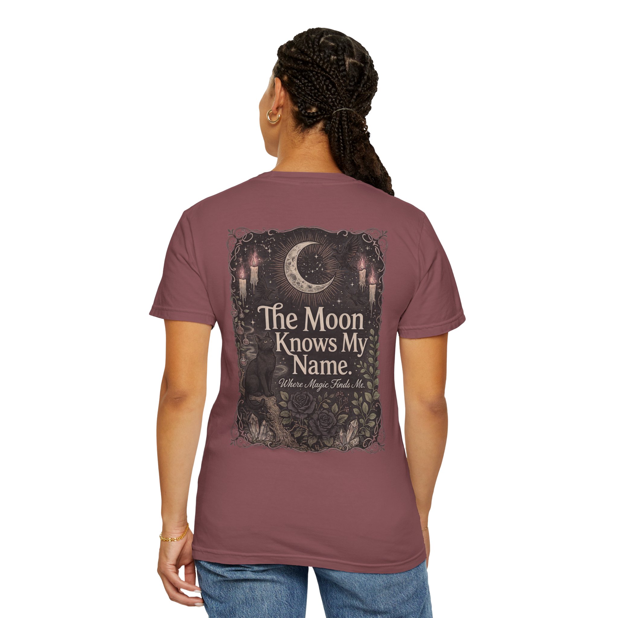 Front view of premium garment-dyed witchy graphic t-shirt with minimalist celestial front design. Vintage moon aesthetic unisex t-shirt made from heavyweight garment-dyed cotton. Premium Halloween graphic tee featuring subtle celestial front artwork on relaxed fit cotton shirt. Witchy aesthetic garment-dyed t-shirt with minimalist moon-inspired front design.