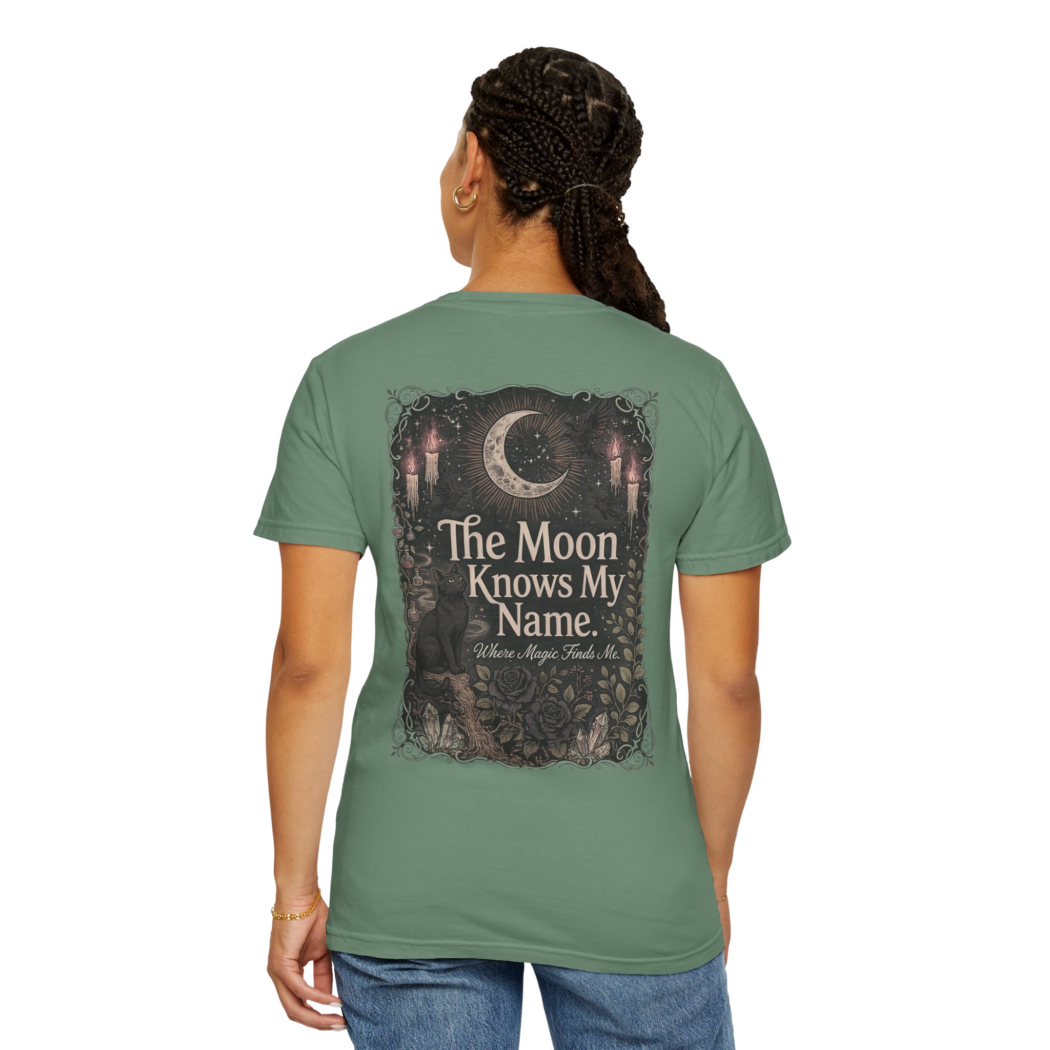 Front view of premium garment-dyed witchy graphic t-shirt with minimalist celestial front design. Vintage moon aesthetic unisex t-shirt made from heavyweight garment-dyed cotton. Premium Halloween graphic tee featuring subtle celestial front artwork on relaxed fit cotton shirt. Witchy aesthetic garment-dyed t-shirt with minimalist moon-inspired front design.