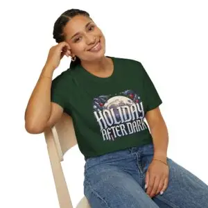 Holiday After Dark retro Christmas graphic T-shirt on female model Forest green Holiday After Dark vintage Christmas graphic tee Holiday After Dark moonlight Christmas unisex T-shirt Retro winter holiday graphic shirt front view