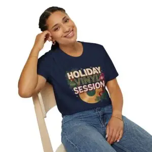 Holiday Vinyl Session retro Christmas record graphic T-shirt on female model Black Holiday Vinyl Session Christmas vinyl graphic tee front view Vintage Christmas music lover unisex T-shirt Retro vinyl record holiday graphic shirt