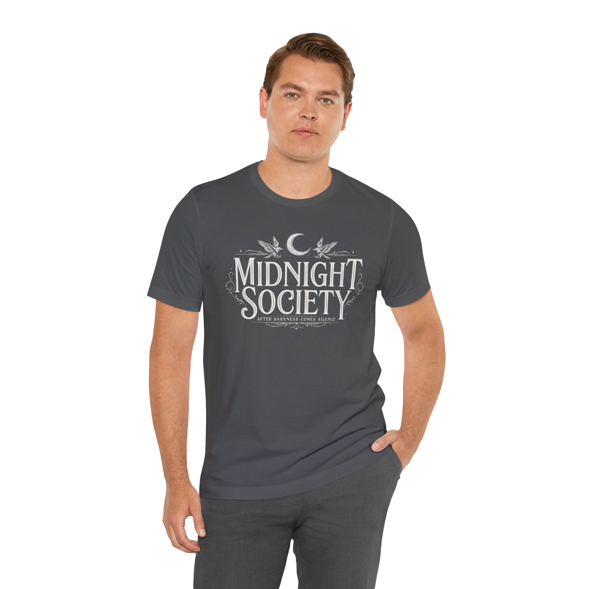 Woman wearing Midnight Society Gothic Halloween graphic t-shirt featuring vintage moon and bat front design. Bella+Canvas Midnight Society Halloween t-shirt with gothic front print on premium unisex cotton tee. Front view of Midnight Society spooky season graphic tee with moon, bats and vintage gothic typography. Premium Halloween graphic t-shirt with minimalist Midnight Society front artwork for autumn fashion