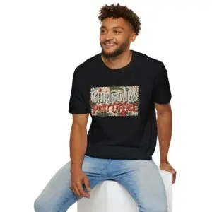 Christmas Post Office vintage holiday graphic T-shirt on female model Black Christmas Post Office retro postal graphic tee front view Vintage Christmas mail themed unisex T-shirt Christmas Post Office holiday graphic shirt with antique postal artwork