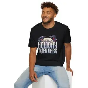 Holiday After Dark retro Christmas graphic T-shirt on female model Forest green Holiday After Dark vintage Christmas graphic tee Holiday After Dark moonlight Christmas unisex T-shirt Retro winter holiday graphic shirt front view