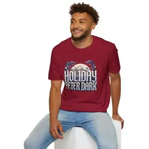 Holiday After Dark retro Christmas graphic T-shirt on female model Forest green Holiday After Dark vintage Christmas graphic tee Holiday After Dark moonlight Christmas unisex T-shirt Retro winter holiday graphic shirt front view