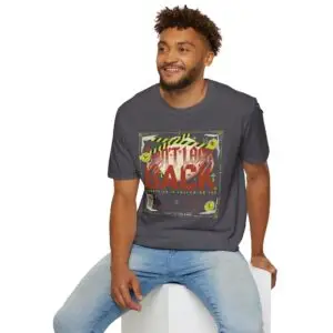 Woman wearing a navy blue Watch Your Back vintage Halloween graphic unisex t-shirt with distressed typography and spooky artwork on a white studio background.