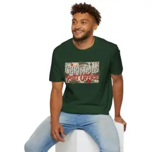 Christmas Post Office vintage holiday graphic T-shirt on female model Black Christmas Post Office retro postal graphic tee front view Vintage Christmas mail themed unisex T-shirt Christmas Post Office holiday graphic shirt with antique postal artwork