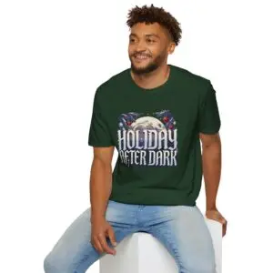 Holiday After Dark retro Christmas graphic T-shirt on female model Forest green Holiday After Dark vintage Christmas graphic tee Holiday After Dark moonlight Christmas unisex T-shirt Retro winter holiday graphic shirt front view